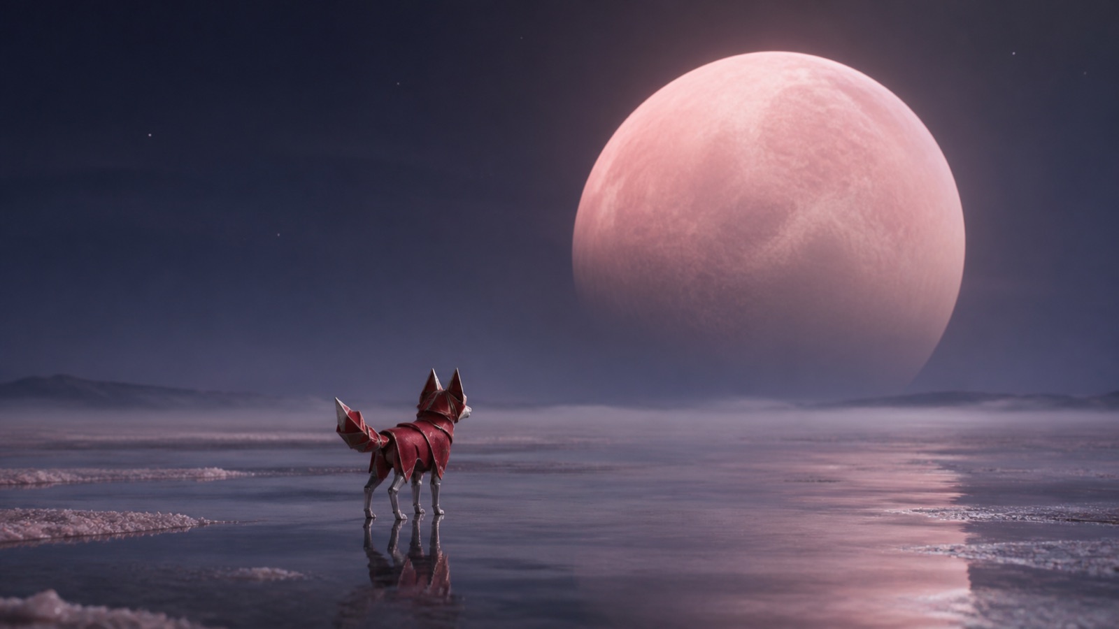Fabric and metal creature under a pink moon